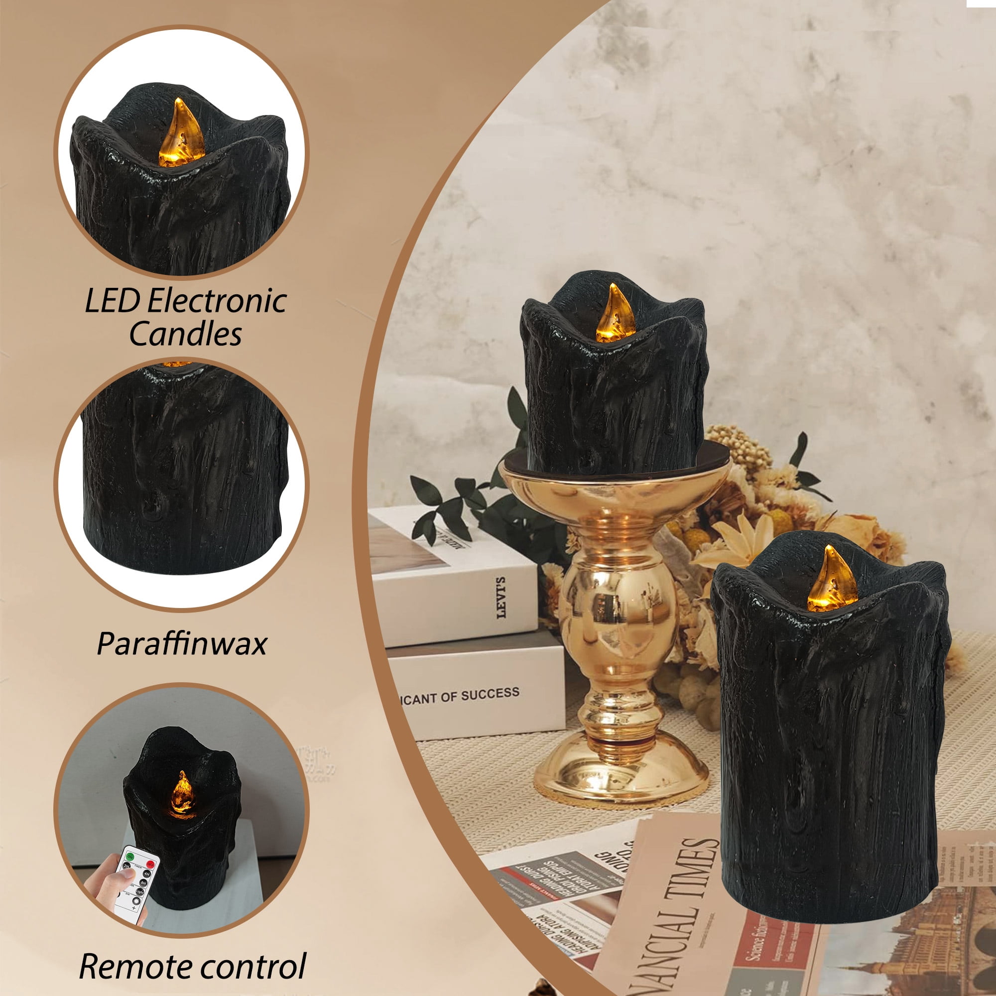 FCMSHAMD Flickering Flameless Candles with Remote Timer, 2.3" 3" 4" Realistic 3D Flame with Real Wax Pillar LED Candles,Battery Operated Candles for Wedding Home Decoration, Christmas,3 Pack