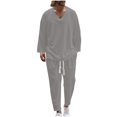 thumbnail image 3 of cllios Men's Summer Outfits 2 Piece Cotton Sets Baggy Long Sleeve V Neck Pullover Tops and Elastic Waisted Pants Sets Summer Lounge Suit, 3 of 7
