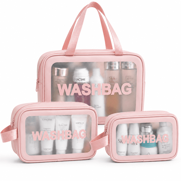 LOMYOLO 3 Pcs Travel Makeup Bag Set, Translucent PVC Toiletry Bags for Women, Water-Resistant Cosmetic Organizer Pouch for Travel, Bathroom, Gym, Dorm - Soft Pink