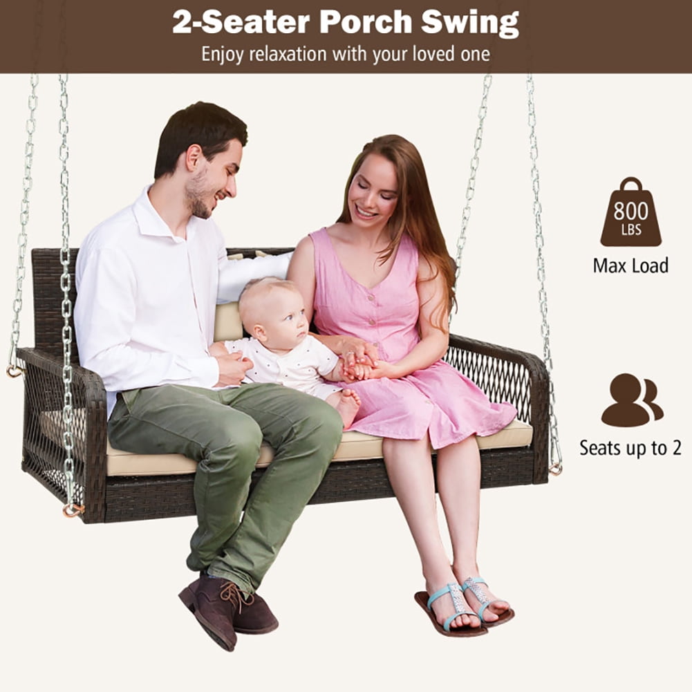 Aimee Lii 2-Person Outdoor Wicker Porch Swing with Seat and Back Cushions, Swing Chair Outdoor, Beige