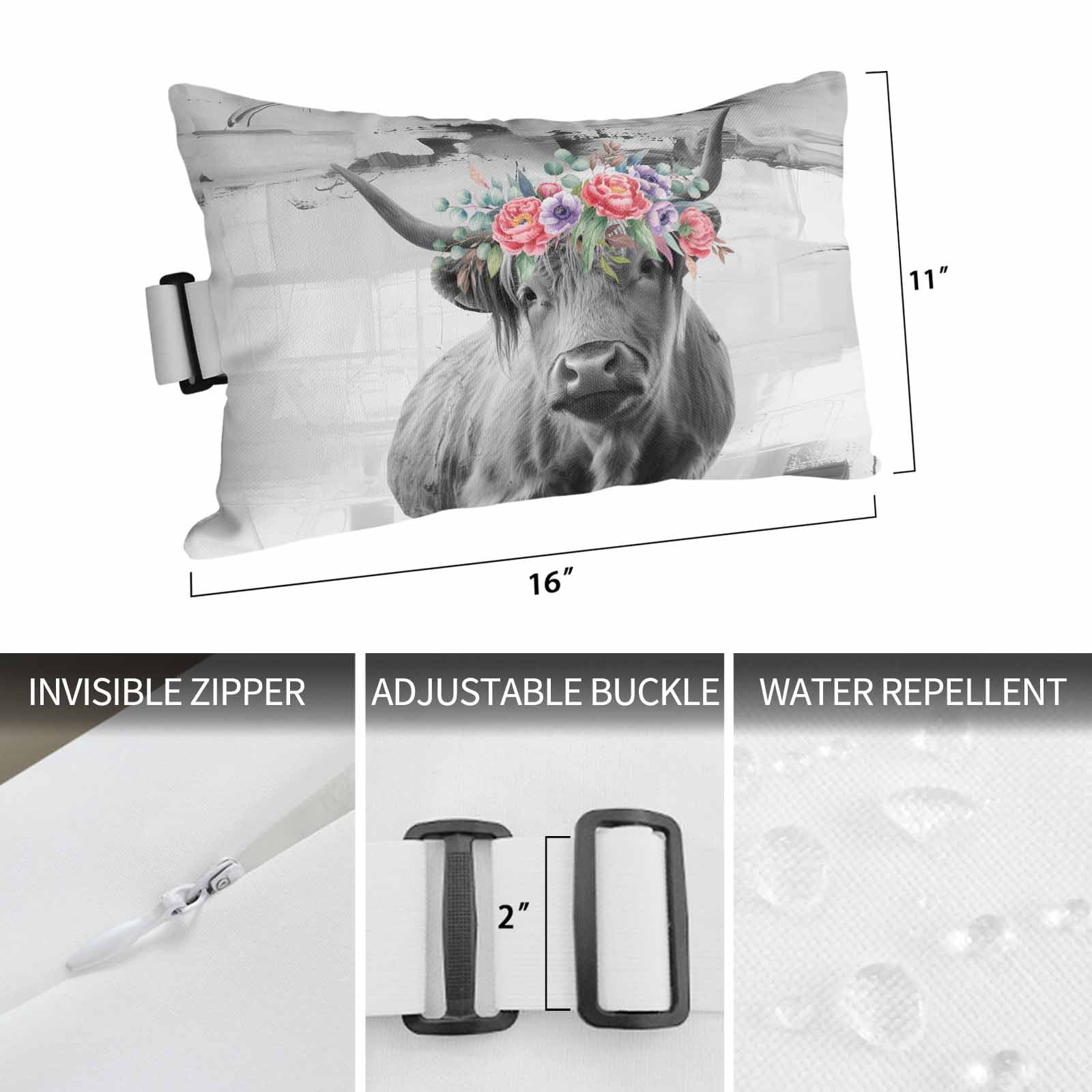 Floral Animal Outdoor Chaise Lounge Pillows Vintage Country Farm Black White Highland Cow Colorful Flowers Lumbar Pillows with Insert Elastic Strap Headrest Pillow for Recliner 2 Pack 11x16 Inch