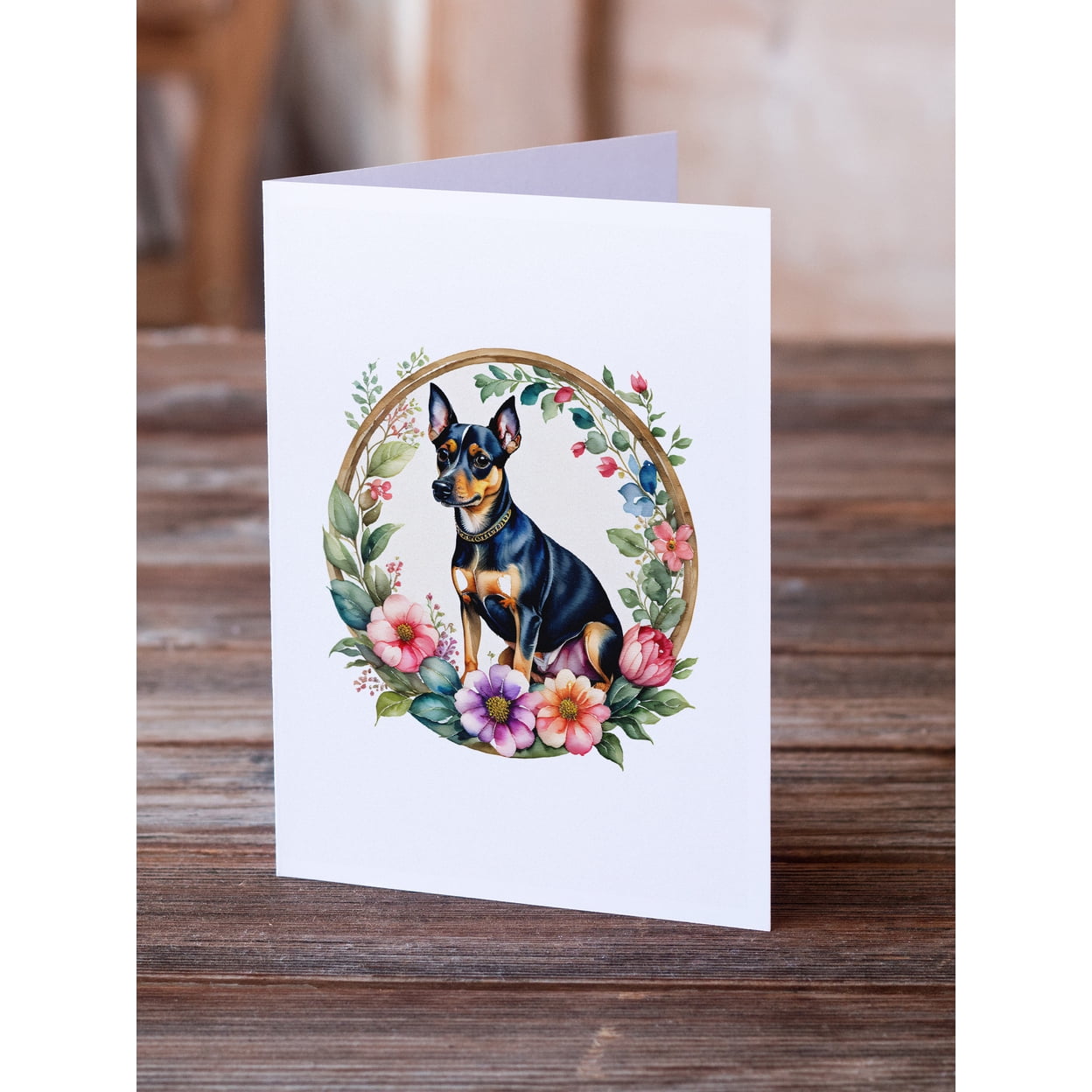 Miniature Pinscher and Flowers Greeting Cards and Envelopes Pack of 8 7 in x 5 in
