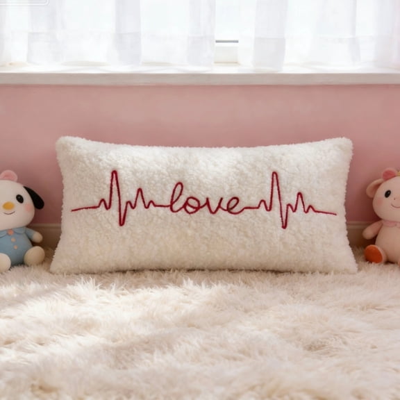 Valentines Day Pillow, Gaqring Embroidered Heart Decorative Cushion, Cotton Linen Throw Pillow 30x50cm for Sofa Bed Gift, White