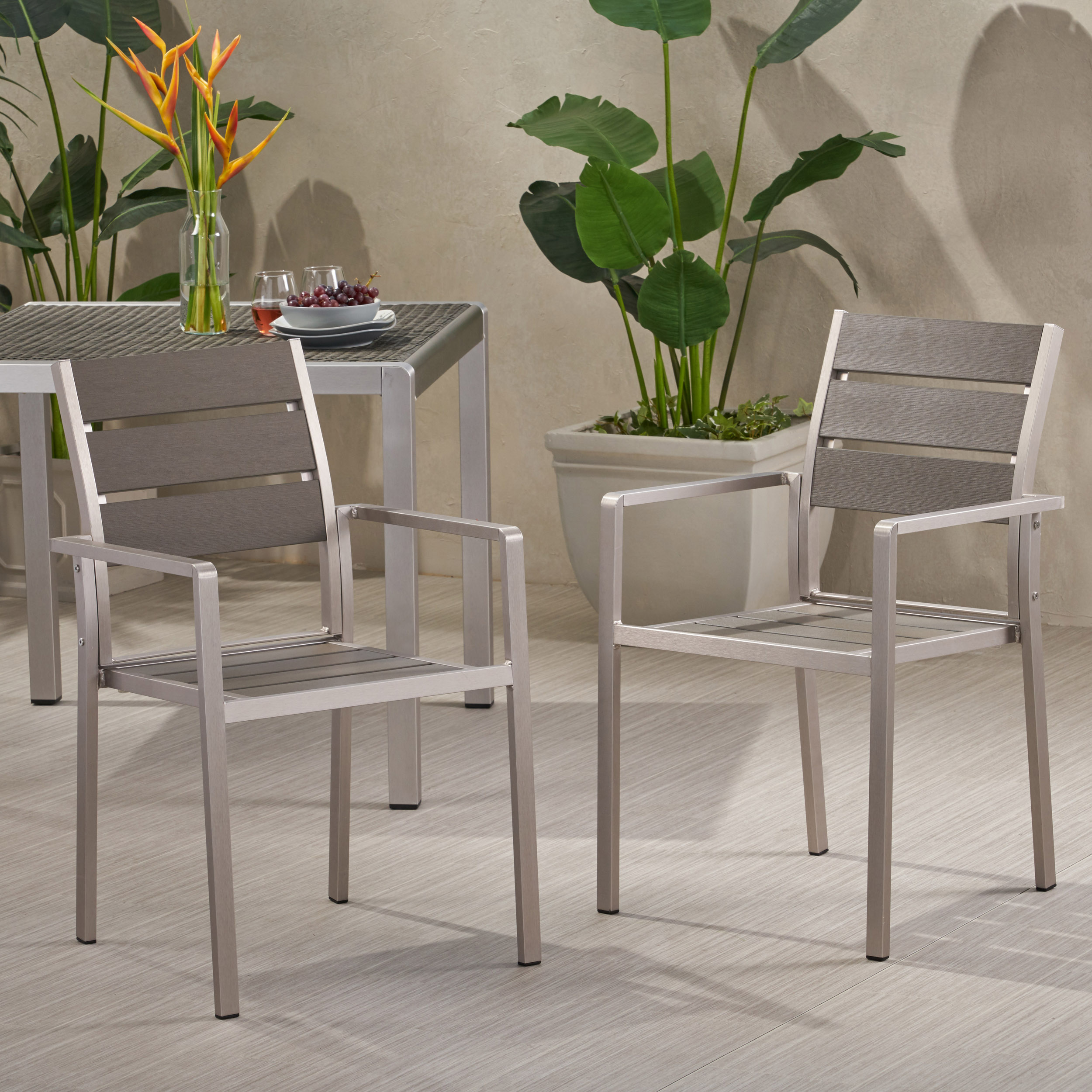Gannon Outdoor Modern Aluminum Dining Chair with Faux Wood Seat, Set of 2, Gray and Silver