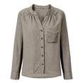 thumbnail image 7 of GZWYHT Women's Loose Fit Cotton Linen Button Down Shirts Stand Collar V Neck Long Sleeve with Chest Pocket Solid Color Flattering Casual Blouse Brown 2XL, 7 of 7