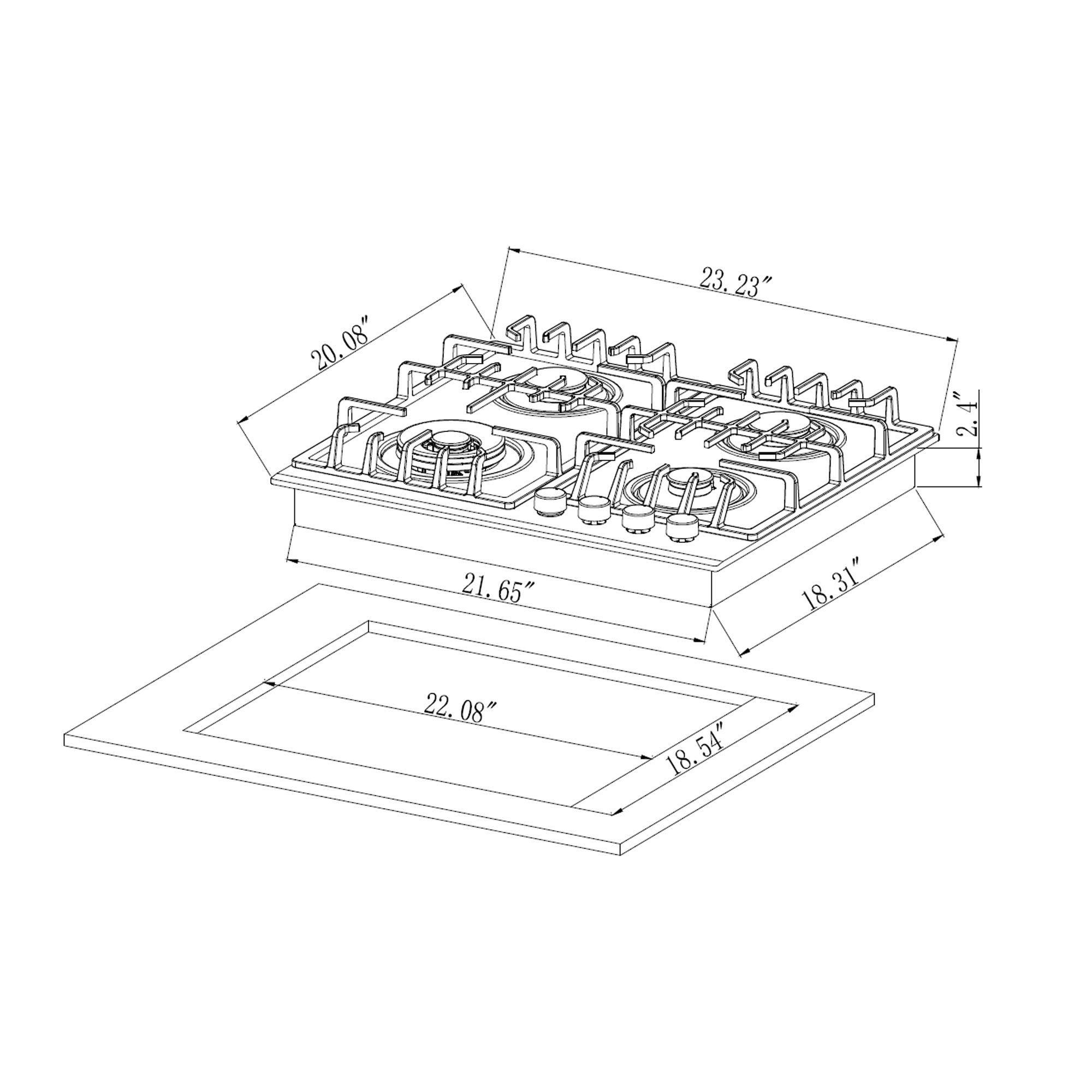 Empava 24 in. Gas Stove Cooktop 4 Italy Sabaf Sealed Burners NG/LPG Convertible Tempered Glass in Black EMPV-24GC28