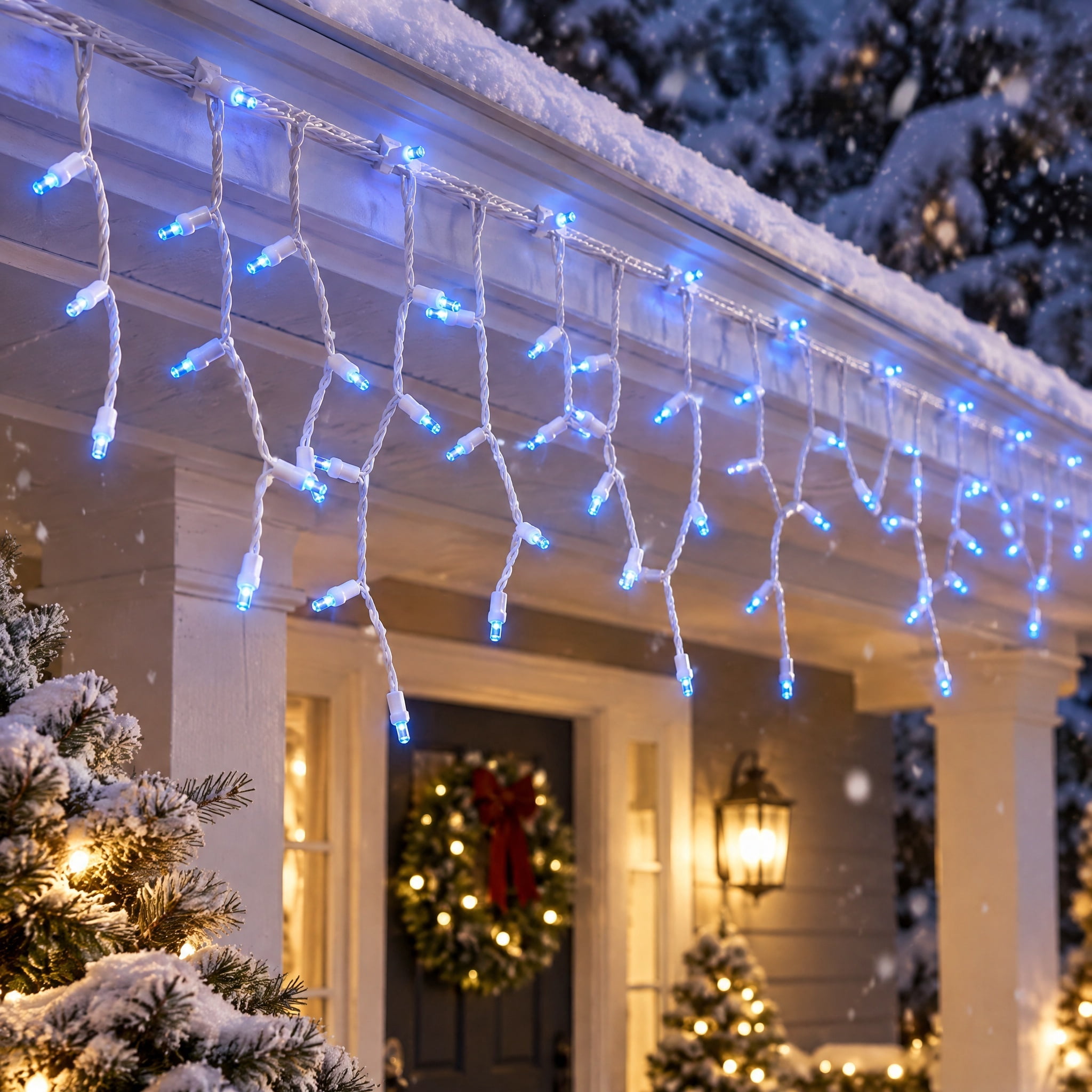 Indoor/Outdoor 200-Count LED 8-Function Sync Christmas Icicle Lights, Blue, White Wire, 24', by Holiday Time