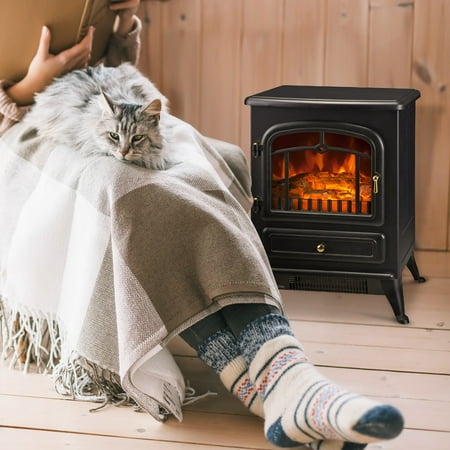 

16 1500W Compact Freestanding Electric Wood Fireplace With Realistic Flames - Black