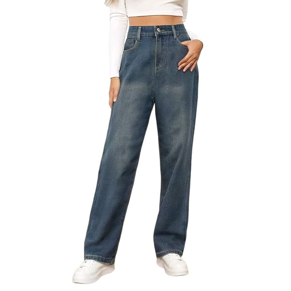 MIXUE Jeans For Women Solid Color Fashion Loose Button Pocket Washed Polished Waist Ripped Trousers Holiday Wear,Blue,S