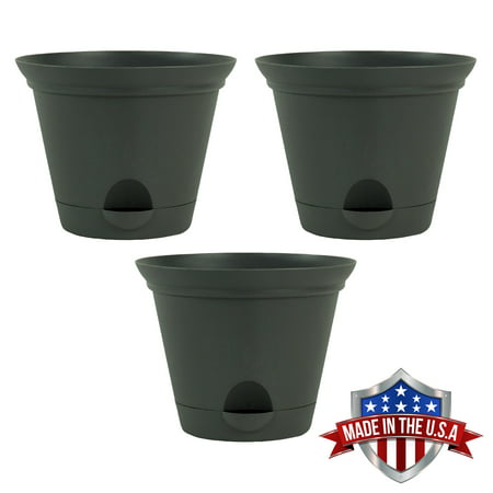 3 Pack 9.5 Inch Flat Gray Plastic Self Watering Flare Flower Pot or Garden