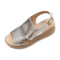thumbnail image 2 of YgkuHd Women's Casual Wedge Sandals Glossy Metallic Faux Leather Upper Open Toe Woven Espadrille Sole Slide Style Silver,5.5, 2 of 8