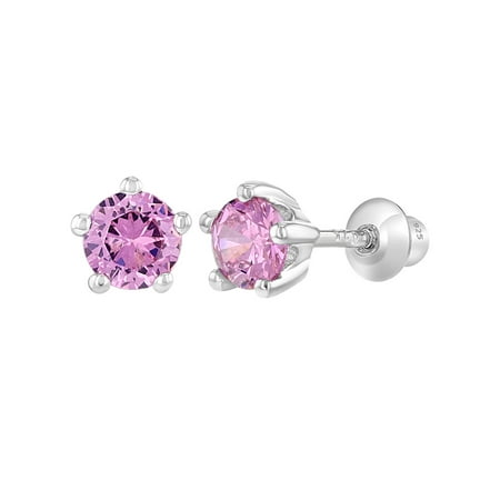 In Season Jewelry 925 Sterling Silver Baby Girls Kids Screw Back Earrings Prong Set CZ 4mm