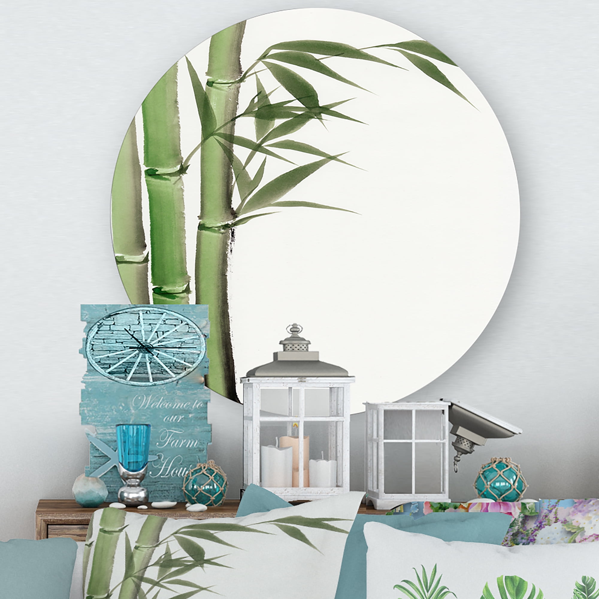Designart 'Detail of Dark Green Bamboo and Leaves IV' Traditional Circle Metal Wall Art 23x23 - Disc of 23