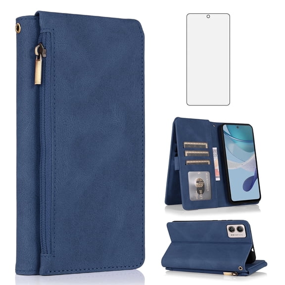 Asuwish Wallet Kickstand Hard Shell Cell Phone Case with Tempered Glass Screen Protector for Motorola Moto G53, Blue
