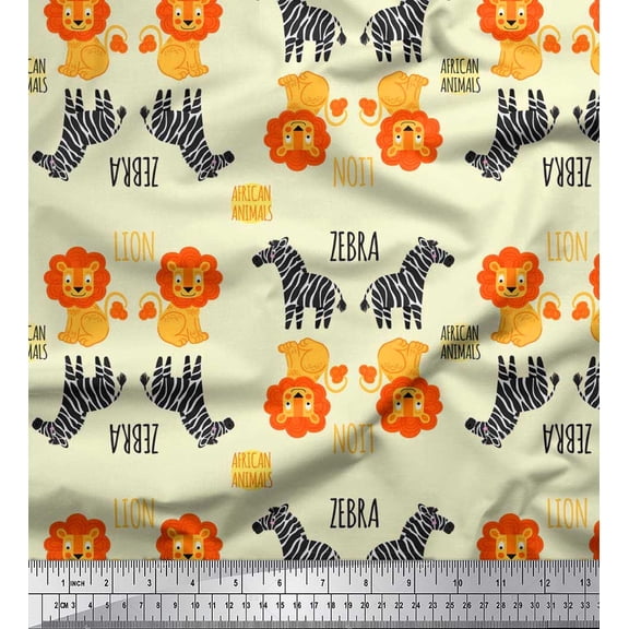 Soimoi Yellow Poly Georgette Fabric Text,Wild Animal & Lion Kids Print Fabric by The Yard 42 Inch Wide