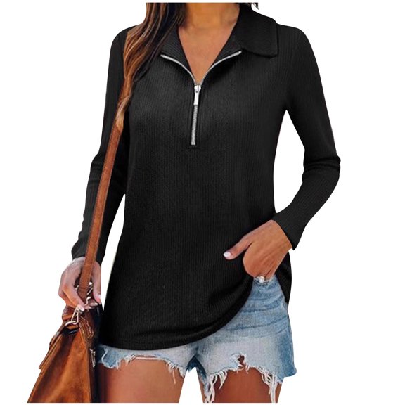 YUGYXL Quarter Zip Pullover Women Lapel V Neck Knit Sweaters Trendy Ribbed Half Zip Pullover Sweaters Collared Tunic Sweater Black Sweatshirt L