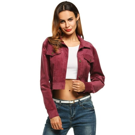 Women Fashion Slim Turn Down Collar Long Sleeve Button Down Short Corduroy Cord Jacket HFON