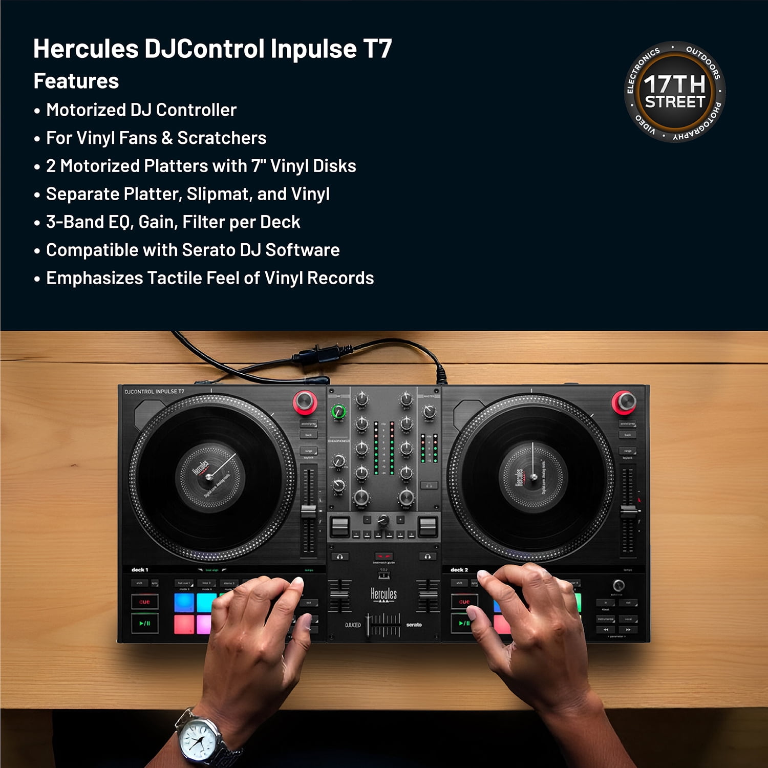 Hercules DJControl Inpulse T7 Black DJ Controller+Headphones+Laptop Stand Bundle