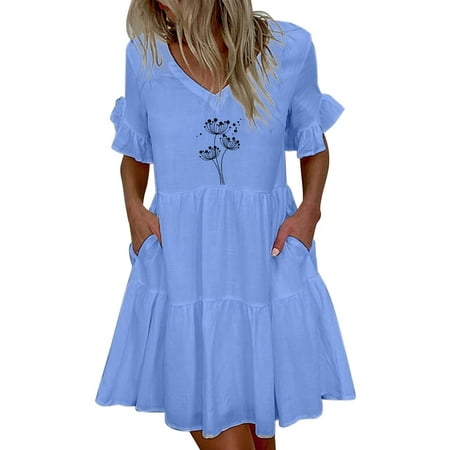 

YanHoo Women s Linen Sundress Ruffle Short Sleeve V Neck Pockets Swing Dress Summer Casual Beach Print Mini Dress