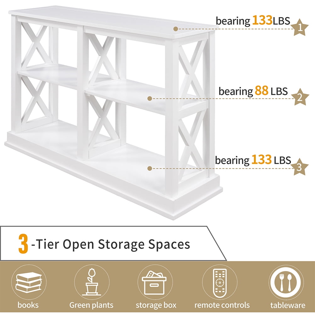 Private Jungle Console Table with 3-Tier Open Storage Spaces and “X” Legs, Narrow Sofa Entry Table (White) Private Jungle Console Table with 3-Tier Open Storage Spaces and “X” Legs, Narrow Sofa Entry Table (White)