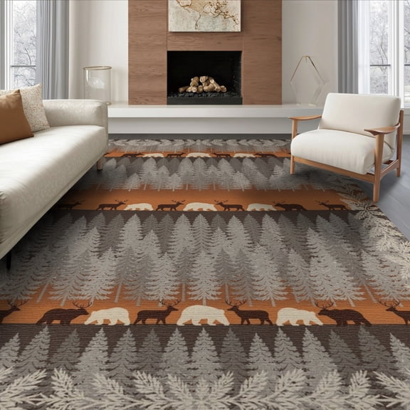 ODIKA 8'x10' Washable Area Rug Non-Slip Chair-Friendly Mat Wilderness Mountain Scene With Pine Forest And Deer Bear Motif Cabin Flowing for Dining Room, Large Office, Lounge