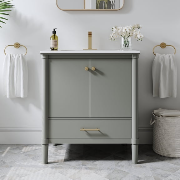 ANGELES HOME 30" Bathroom Vanity with Sink, Solid Wood & Plywood Cabinet, Pure White 17mm Ceramic Countertop with cUPC Basin, 2 Soft-Close Doors & 1 Drawer, Brushed Gold Handles