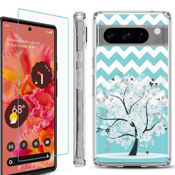OneToughShield ® Compatible with Google Pixel 8 Pro, Shockproof Phone Case, with Tempered Glass Screen Protector - Chevron/Tree