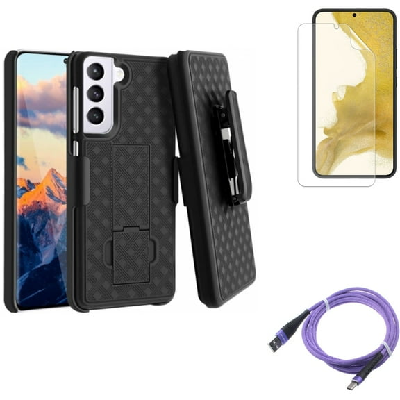 For Samsung Galaxy S21 (6.2") - Type-C Purple 10ft USB Cable   Swivel Holster Case Belt Clip   Anti-Glare TPU Film Matte Screen Protector