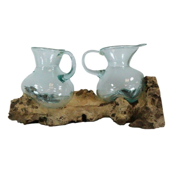Balinese Gamal Wood Driftwood Plank With 2 Molten Glass Water Jugs Carafe Decor