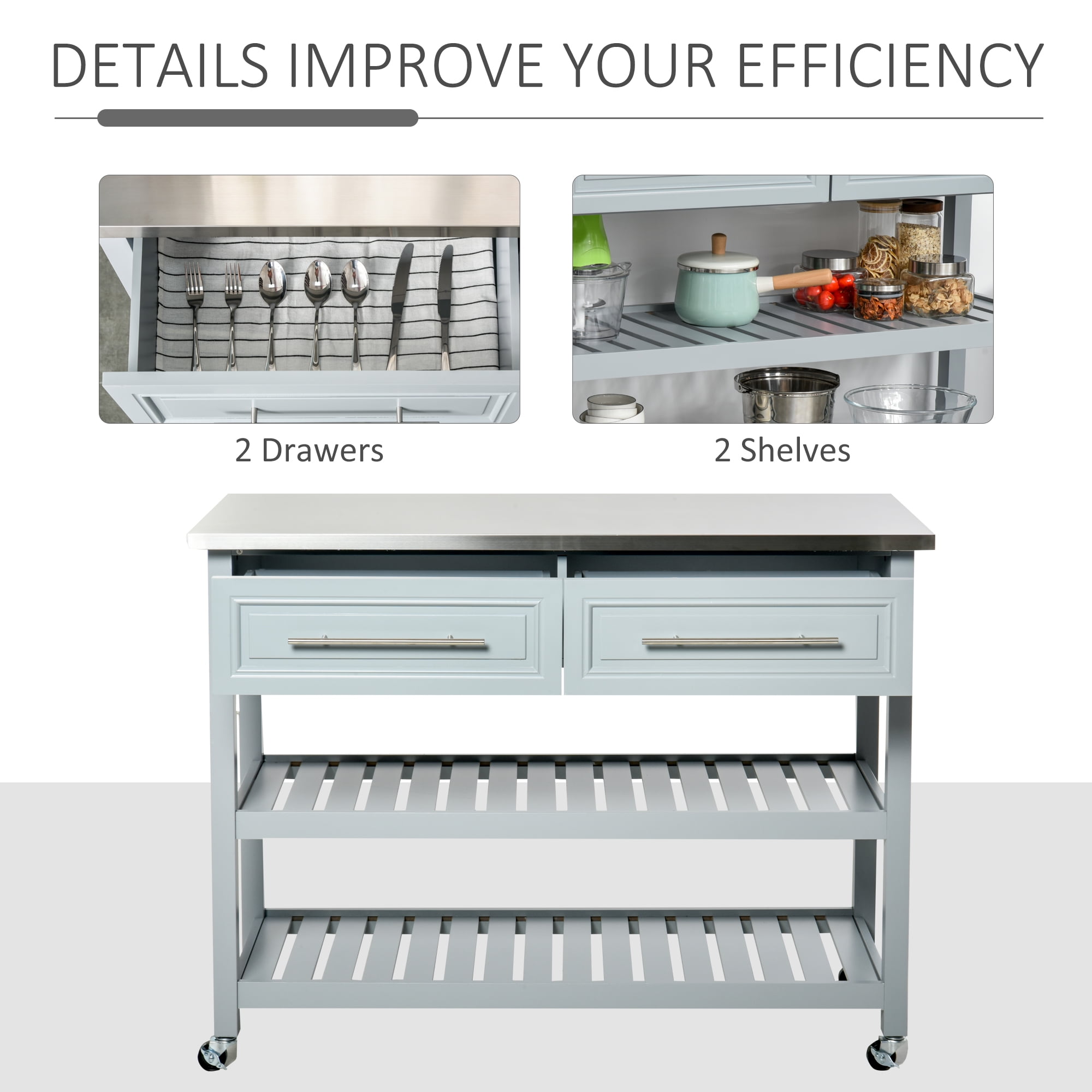 HOMCOM 47" Rolling Kitchen Island Cart with Drawers, Shelves, and Stainless Steel Top, Gray