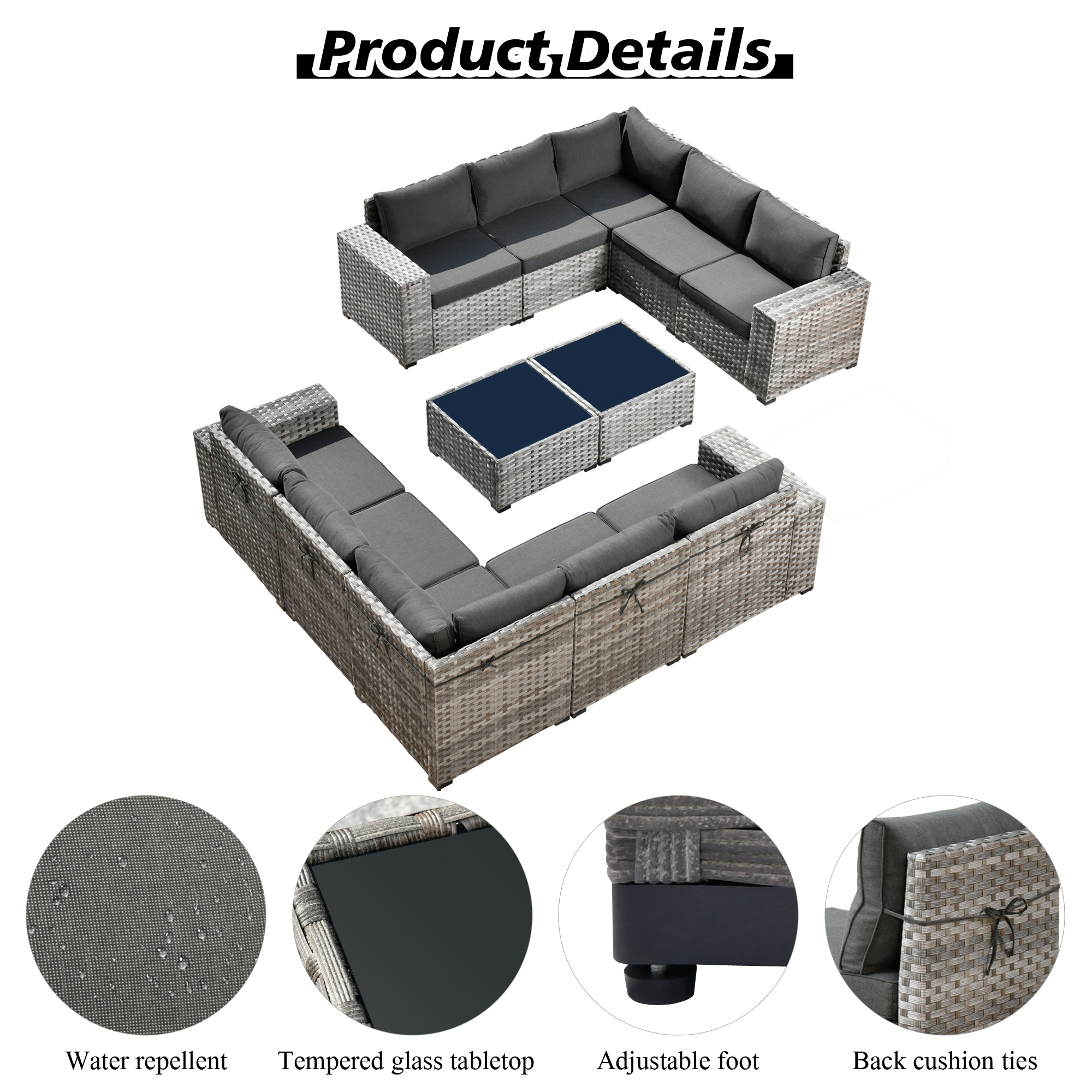 Ovios 12 Pieces Outdoor Furniture All Weather Wicker Patio Conversation Sectional Sofa Set with Side Table for Garden Backyard