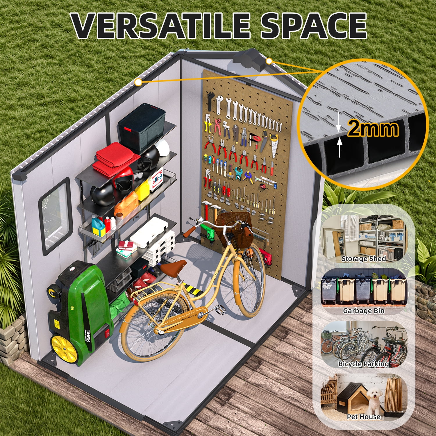 MELLCOM 4 x 6 FT Resin Outdoor Storage Shed with Floor, Resin Outdoor Storage Tool Shed with Windows and Lockable Door, Garden Shed for Lawnmower, Bike, Pool Supply