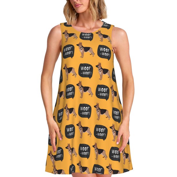 Fotbe German Shepherd Woof Vestido de Verano sin Mangas para Mujer – Vestido Midi Línea A, Estilo Camiseta Floral, Vestido Playero Casual y Fluido