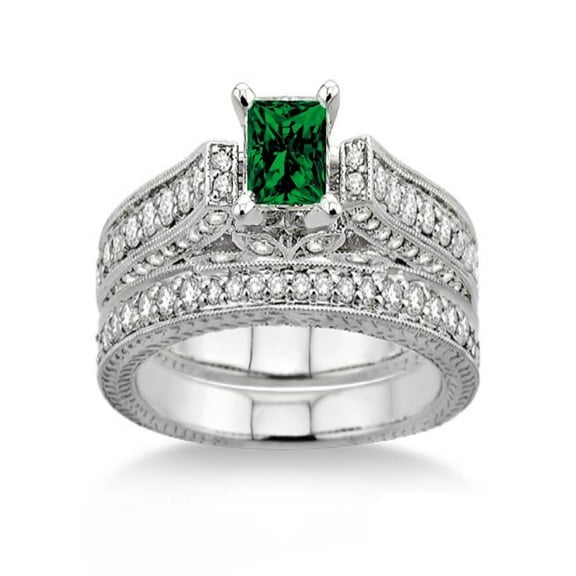 2 Carat Emerald & Diamond 2.10 Carat Emerald & Diamond Antique Bridal Set Engagement Ring on 10k White Gold
