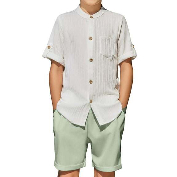 Arshiner Boy's Summer Beach Outfits 2 Piece Short Sleeve White Shirt and Green Shorts Vacation Texture Sets for Kids 10-11 Years
