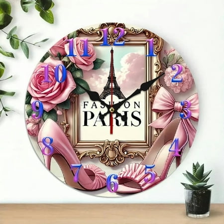 Elegant Paris Fashion High Heels Roses with Eiffel Tower MDF Wood 10in Round Wall Clock, Silent Non-Ticking Battery Operated, Chic Home, Office, Bathroom Decor