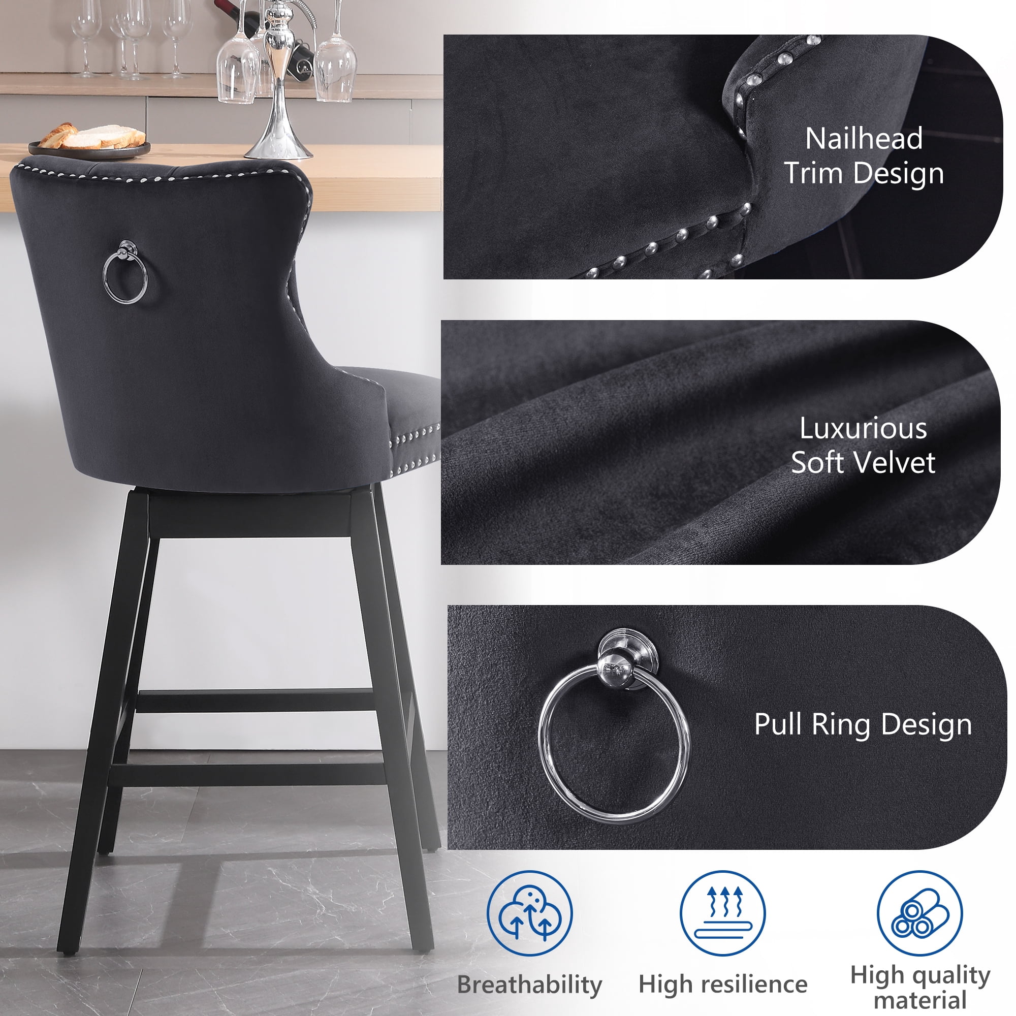 Tewloss 26" Swivel Bar Stools Set of 2 Velvet Counter Height Chairs for Home Kitchen Dining, Black