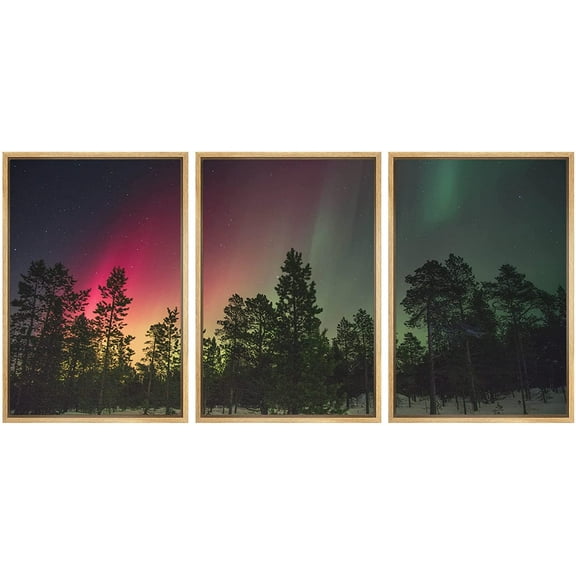 wall26 - 3 Piece Framed Canvas Wall Art - Aurora Above The Snow Covered Pine Tree Forest - Modern Home Art Stretched and Framed Canvas Ready to Hang - 24"x36"x3 Natural
