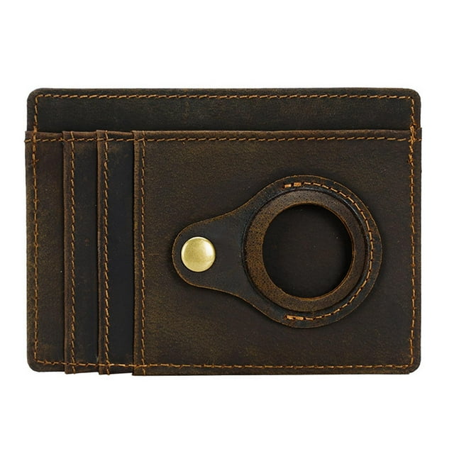 cartera multifuncional de cuero titular de la tarjeta tarjeta de crédito marron sunnimix cartera multifuncional cartera de cuero marrón oscuro, vista frontal centrada; delgada billetera de 11.4x8.2x0.3 cm con 3 ranuras visibles para tarjetas a la izquierda, ventana transparente y soporte circular con broche metálico a la derecha, costuras contrastantes y cuero con acabado envejecido; puede bloquear señales electrónicas según especificación y suele usarse también para llevar un localizador pequeño en viajes.