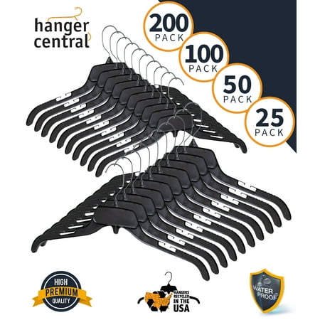 Hanger Central Recycled Black Heavy Duty Plastic Shirt Blouse Garment Hangers with Polished Metal Swivel Hooks, 19 Inch, 50 Pack