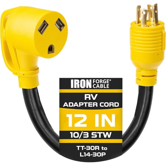 Iron Forge Cable RV Cord, Generator and RV Electrical Adapter Power Cord, TT-30R Female Plug to L14-30P Male, 12 inch Plug Adapter - 10/3 STW Yellow