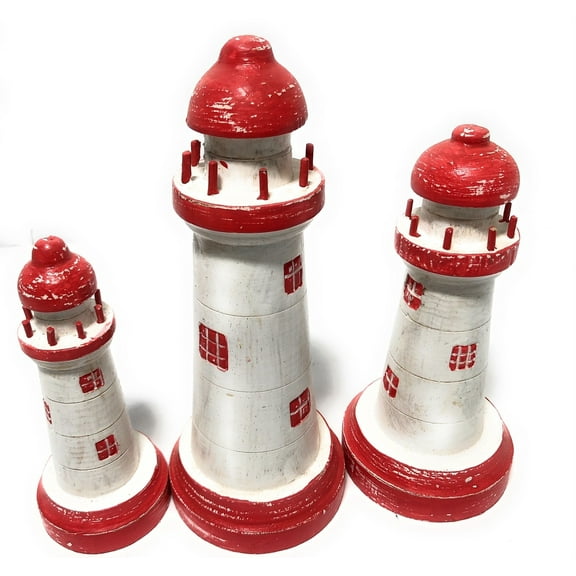 Set Of 3 Lighthouses 9", 8" & 7" - Red Nautical Decor | #Ort17015s3r