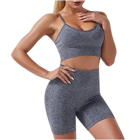 SOOMLON Women Push Up Bra Comfort Bra Sports Yoga Bra Shorts Sports Bra Fitness Yoga Clothes Set Gym Bras Girls Bra Gray S