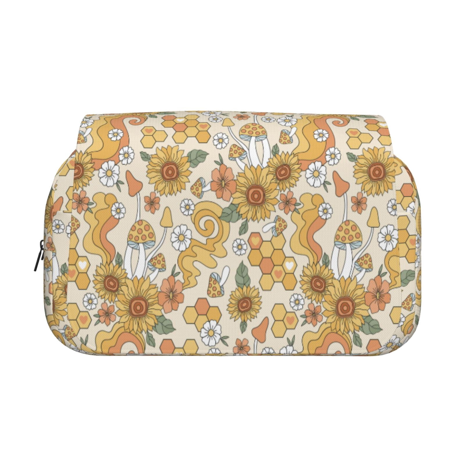 Rateoe Retro 70s 60s Flower Pattern Double Clamshell Pen Case, Storage Organizer with Two Zipper Compartments– Holds Up to 50 Pencils & Pens