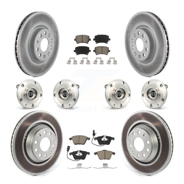 Transit Auto Front Rear Hub Bearings Assembly Coated Disc Brake Rotors and Ceramic Pads Kit (10Pc) for Car Volkswagen CC - Left Right Side (Driver Passenger) KBB-125801