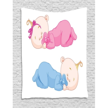 Sister Tapestry - Baby Tapestry, Two Charming Little Twin Siblings Brother and Sister Sleeping in Pajamas Toddler, Wall Hanging for Bedroom Living Room Dorm Decor, 40W X 60L Inches, Pink Blue Tan, by Ambesonne