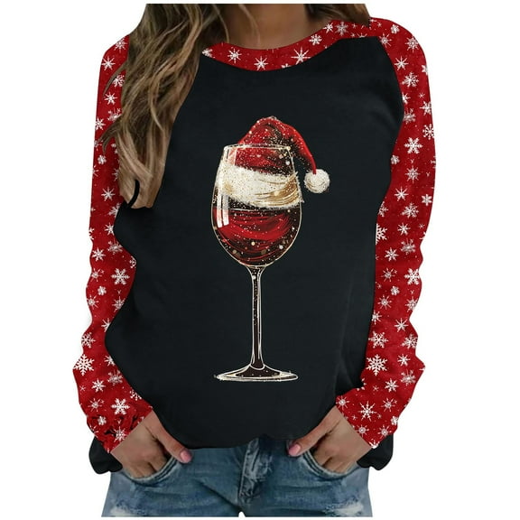 miqiqism Women's Christmas Sweatshirts Fashion Wine Glass Graphic Snowflake Print Shirts Juniors Casual Round Neck Raglan Long Sleeve Pullover Tops Blouses,B#01_Black,Medium