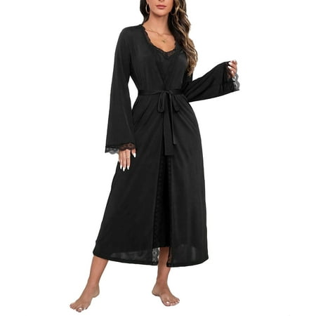

2pcs Set Elegant Cami Dress Sets Long Sleeve Black Women s Pajama Sets (Women s)