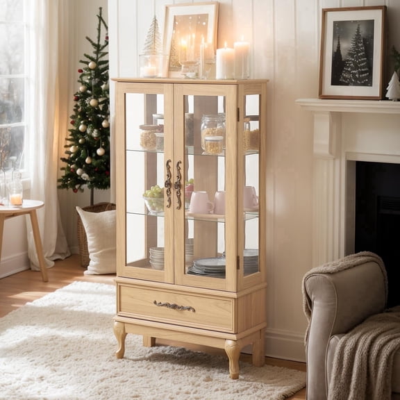 CKEASEAN 52" Lighted Accent Curio Cabinet with 2 Glass Doors & 1 Drawer, 3-Tier Antique Cabinet with Tempered Glass Adjustable Shelves & Drawer, Storage Display Case for Living Room, Bedroom,Office