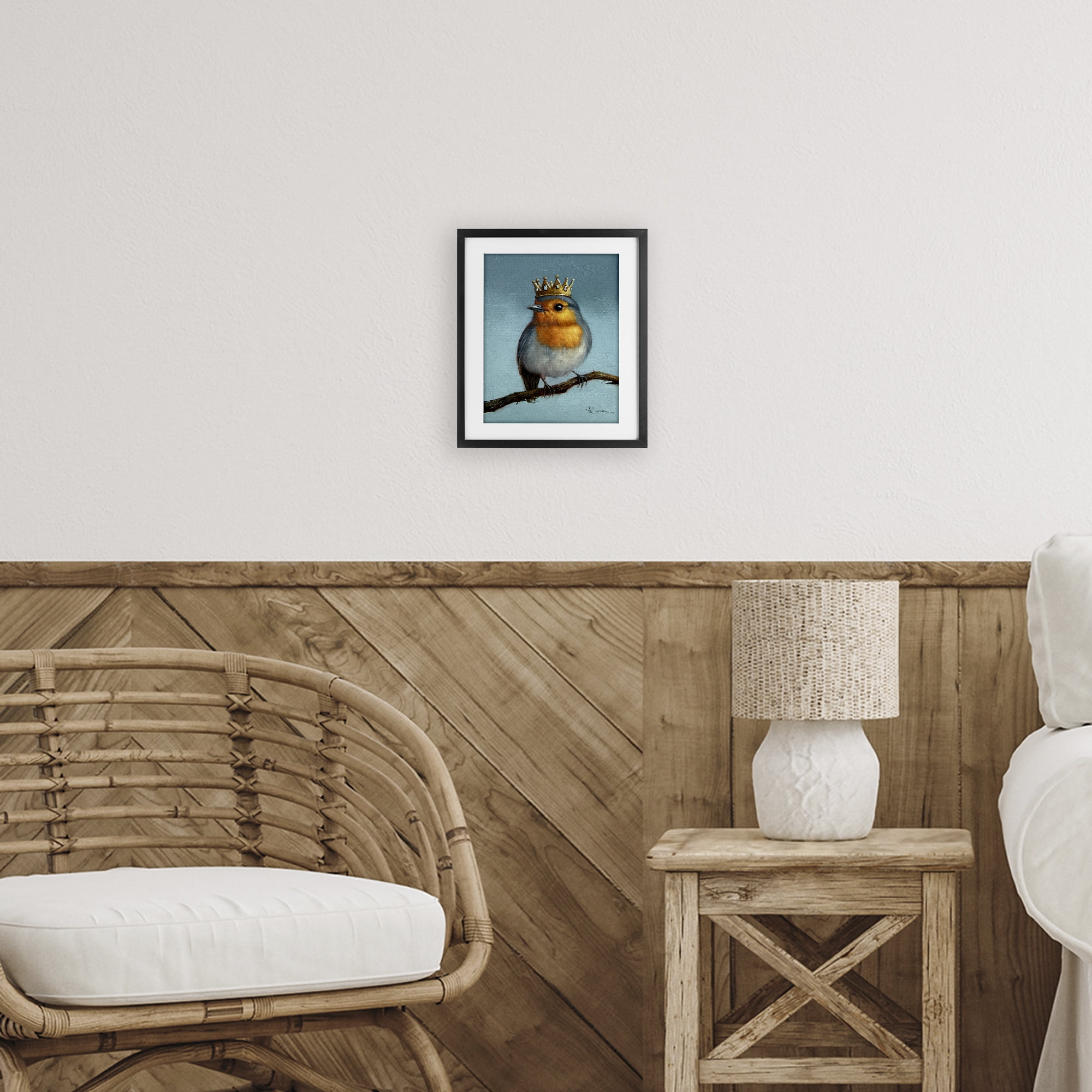 Royal Robin Perched Black Framed Print Under Glass, design by Lucia Heffernan